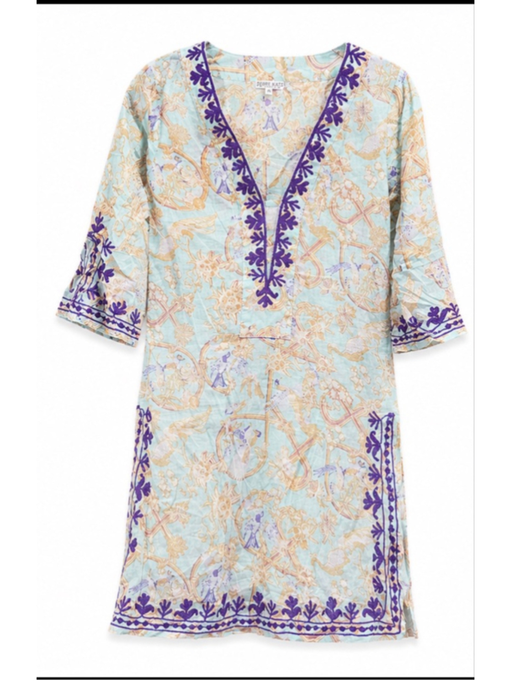 Debbie Katz South Beach XS 100% Cotton Tunic Dress Blue Floral Embroidered Beach